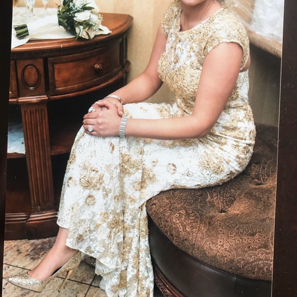 Jovani lace gold and white dress